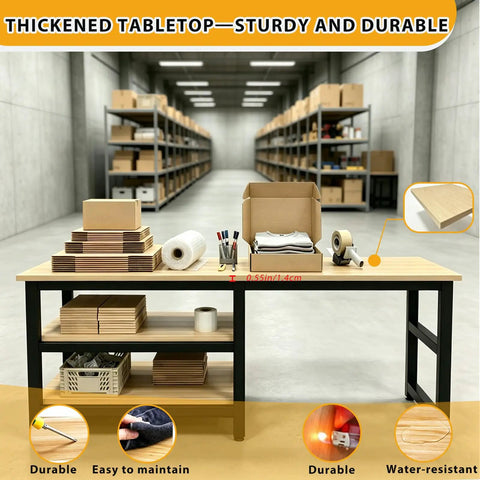 Heavy Duty Garage Workbench With Scratch Resistant Solid Wood Top And Lower Shelf For Toolboxes And Shop Gear Knock Out Jobs With Straight Up Durability, showcasing thickened tabletop in a workspace.