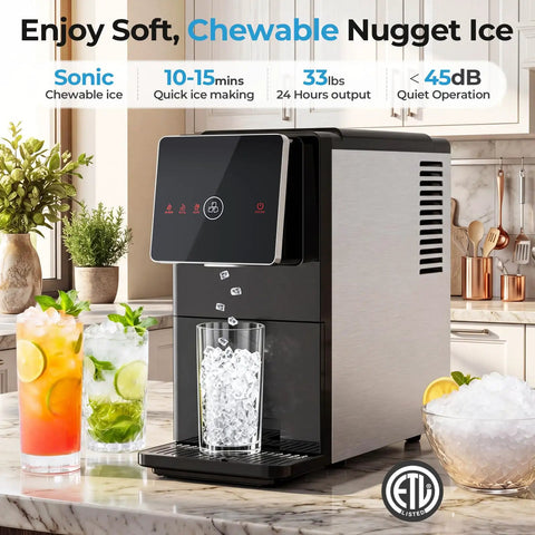 Slick Countertop Nugget Ice Maker With Self Dispensing Tray Drops Thirty Three Pounds Of Fresh Chewy Ice Daily Ready In Ten Minutes pouring ice into a glass.