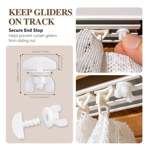 Top Tier Curtain Track Repair Kit Featuring Sixty Super Slick Dual Wheel Rollers And Rust Resistant S Hooks, secure end stop for gliders.