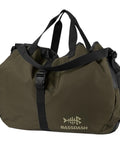 Foldable wader bag with changing mat, shoulder strap, waterproof PVC interior, 600D ripstop material, black and olive green.