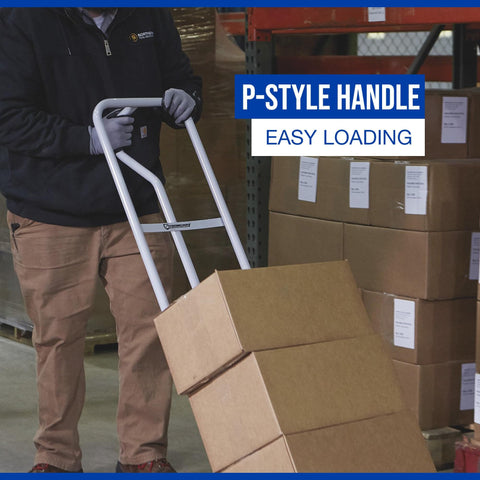 Man using Heavy Duty Steel Hand Truck With 600 Pound Capacity And 10 Inch Flat Free Tires, P Style Handle in warehouse