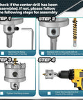 Instruction steps for using Ultimate Pro Grade 14-Piece TCT Carbide Hole Saw Kit For Hard Metal with hex keys and drill bit.