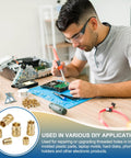 Person using Heat Set Threaded Inserts Kit With Soldering Iron Tip Press Tool M3 x 0.5mm 12x5mm Brass Knurled Embedding Nuts for DIY 3D Printing