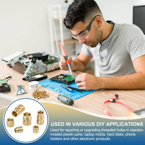 Person using Heat Set Threaded Inserts Kit With Soldering Iron Tip Press Tool M3 x 0.5mm 12x5mm Brass Knurled Embedding Nuts for DIY 3D Printing