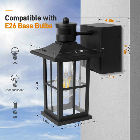 Black Porch Lights With Outlet GFCI Motion Sensor Outdoor Wall Light Waterproof Dusk To Dawn Lantern with E26 bulb size details