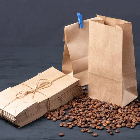 100 Pack Brown Kraft Paper Lunch Bags With 4lb Capacity, 5 By 2.95 By 9.45 Inches Fold Top Disposable Bags with coffee beans