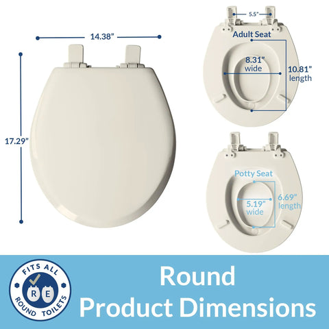 NextStep2 Toilet Seat With Built-In Toddler Potty Training Seat, shown with dimensions for round biscuit color family use