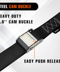 Close-up of the cam buckle on 2 Pack 1.5 Inch By 8 Ft Beefy 3000 Lb Motorcycle Tie Down Straps Heavy Duty with S Hooks.