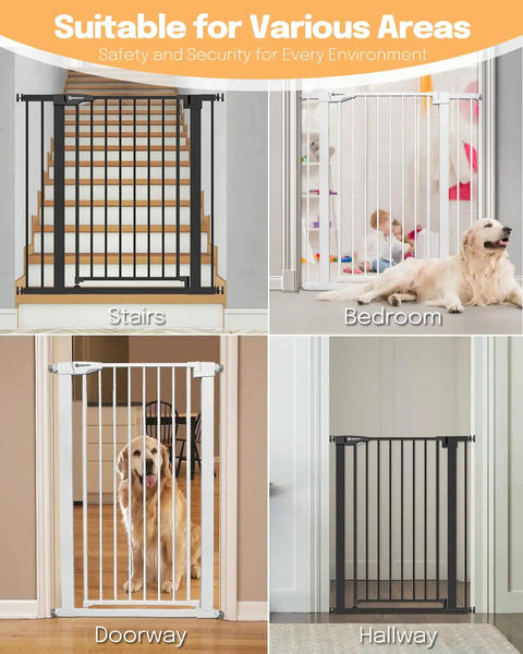 Collage of Extra Tall 36 Inch Baby Gate for Stairs and Doorways in use, showing stairs, bedroom, doorway, and hallway settings.