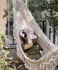 Handmade Boho Macrame Fringe Double Hammock Swing Net Chair For Two People Ultra Cozy Outdoor Patio Decor with Person Relaxing