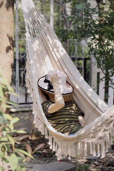 Handmade Boho Macrame Fringe Double Hammock Swing Net Chair For Two People Ultra Cozy Outdoor Patio Decor with Person Relaxing
