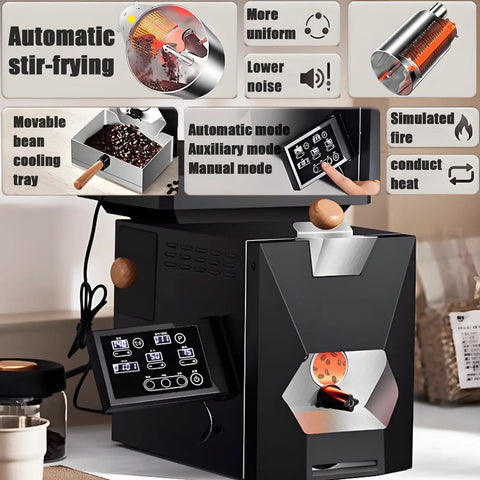No Stress Daily Roasts With This 200 Gram Electric Coffee Machine showing control panel and removable tray for smooth processing.