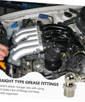 Person installing 260 Piece Hydraulic Grease Nipples Kit For Automotive And Industrial Use With Metric And Imperial Fittings on car engine