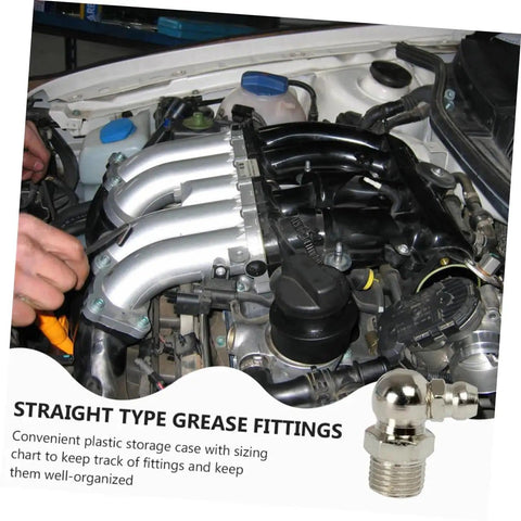 Person installing 260 Piece Hydraulic Grease Nipples Kit For Automotive And Industrial Use With Metric And Imperial Fittings on car engine