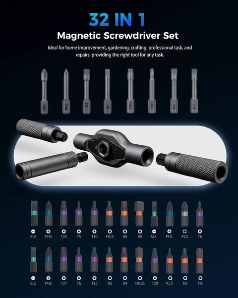 32 In 1 Magnetic Ratchet Screwdriver Set With Removable T Handle, showing alloy bits and magnetic bit holder layout.