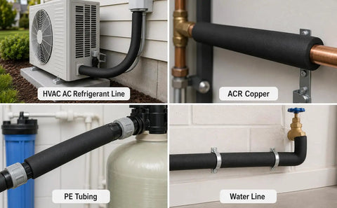 Hella Tough Three Quarter Inch Inner Diameter Foam Pipe Insulation Sleeve For Air Conditioning Hvac Lines protecting ACR Copper and Water lines.