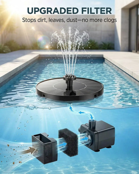 Solar Fountain For Bird Bath 2026 Upgrade 1.4W Solar Power Water Pump With Seven Nozzles in swimming pool with upgraded filter