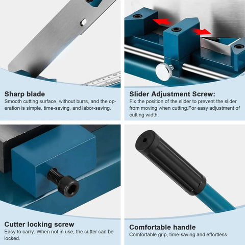 Detailed features of Wire Duct Cutter Tool For Open Slot PVC Trunking with sharp blade, slider adjustment, locking screw, and handle.