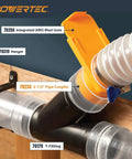 Two And A Half Inch Dust Collection Fittings Kit with connectors, blast gates, Y-fitting, and stainless steel hose clamps installed.