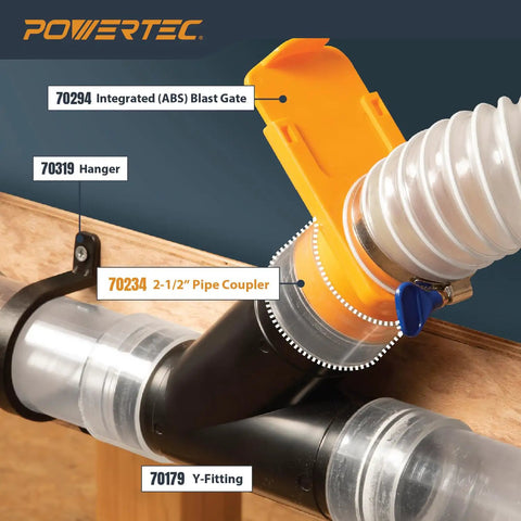 Two And A Half Inch Dust Collection Fittings Kit with connectors, blast gates, Y-fitting, and stainless steel hose clamps installed.