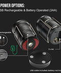Two Pack Rechargeable Camping Lanterns With Dual Power Source beaming 360 Degree lantern, USB and battery options shown