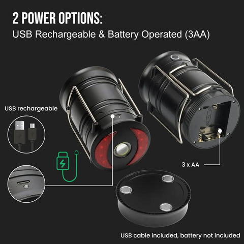 Two Pack Rechargeable Camping Lanterns With Dual Power Source beaming 360 Degree lantern, USB and battery options shown