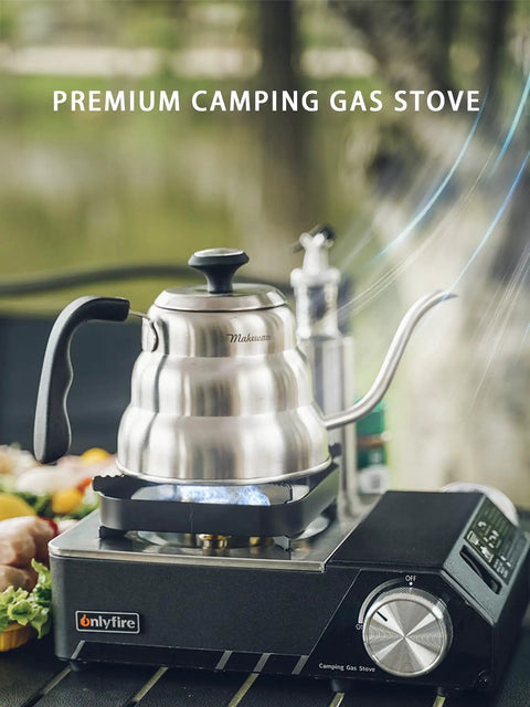 Portable Butane Gas Stove With Carrying Case For Outdoor Cooking Electric Ignition Precise Heat Control with kettle on burner