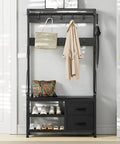 Five In One Entryway Hall Tree With Bench And Coat Rack Freestanding Black Space Saving Shoe Organizer with visible coats and bags