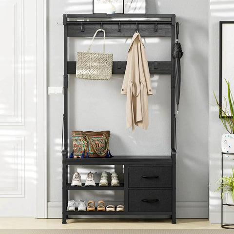 Five In One Entryway Hall Tree With Bench And Coat Rack Freestanding Black Space Saving Shoe Organizer with visible coats and bags