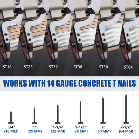 Beast Heavy Duty Pneumatic Concrete T Nailer for 14 Gauge Nails Three Quarters to Two and a Half Inches, various nail sizes