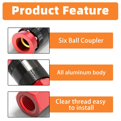 12 Pack Aluminum One Quarter Inch Female AMT Universal Air Coupler features six ball coupler, aluminum body, clear thread