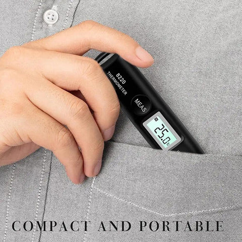 Person placing Grab And Go Pocket Sized Infrared Thermometer With Contactless Reading Handheld Temperature Pen in shirt pocket