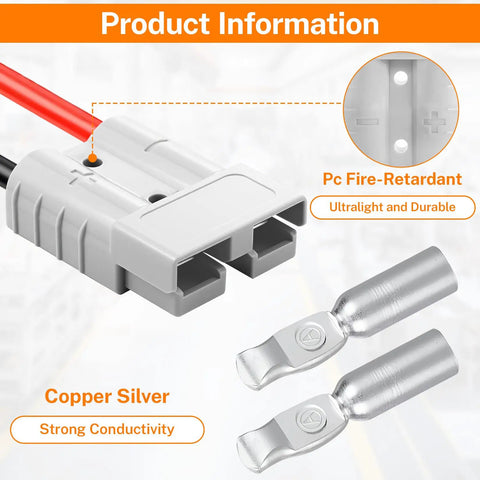 Six Pack 50 Amp 600 Volt Battery Quick Connect Disconnect Kit For 8 To 12 AWG Cables Anderson Connector Compatible Built For Car RV Truck Forklift Trailer Winch And Traction, gray connector with silver copper terminals