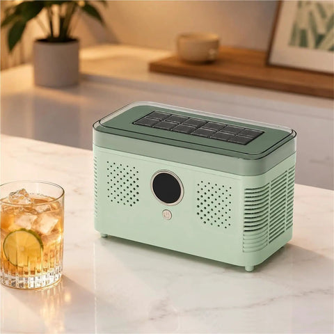 Sleek Countertop Ice Maker With Zero Sweat One Touch Operation And Smooth Self Cleaning Design Blazing Fast Cube Production For Weekend Hangouts Home Bars Or Office Chill Areas Ultra Compact on kitchen counter with drink.