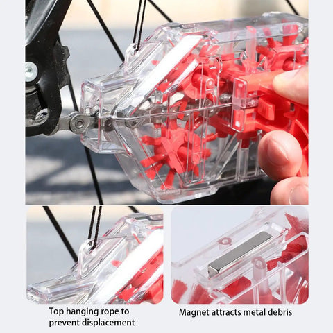 Ultimate Bike Chain Cleaning Kit With Deep 360 Degree Clean, clear housing with red nylon brushes in use on bike chain