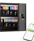 60 Key Lock Box With Anti Pry Recessed Door, Steel Key Cabinet with open door showing colorful key tags and smartphone app interface