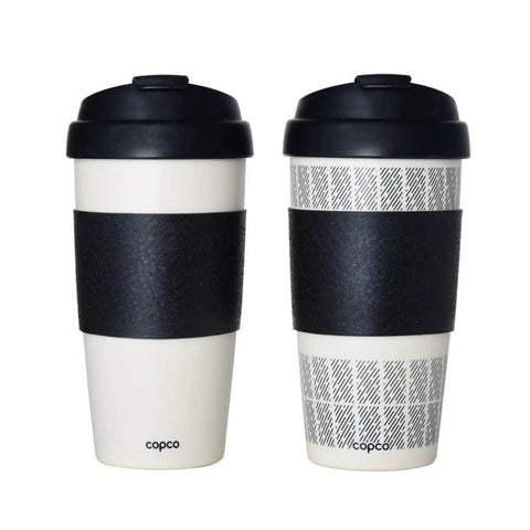 Top Tier Reusable Double Wall Insulated Travel Mug In White And Black Keeps Your Drinks Steaming Or Chilled With A Secure Flip Top Lid Built For No Spill Commuting And Weekend Warrior Sippin - Set of two 16oz with black sleeves.