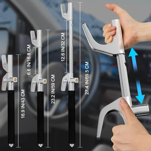 Heavy Duty Steering Wheel Lock Security Bar With Retractable Design for cars, showing adjustable size and safety hammer in use.