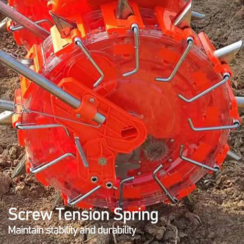 Close-up of red screw tension spring mechanism on Double Row Garden Seeder Spreader Walk Behind Manual Seed Planter