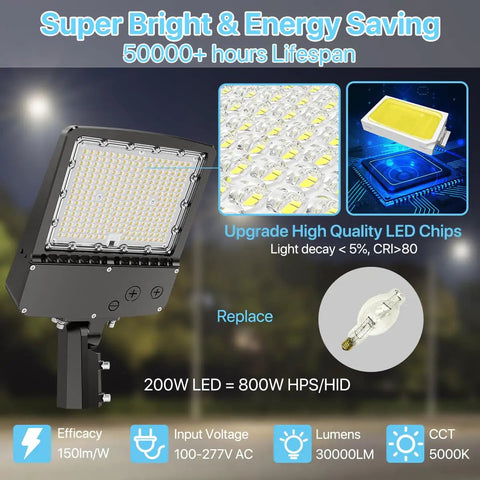 Super Bright 200W LED Parking Lot Light With Dusk To Dawn Sensor, 30,000LM 5000K Daylight shown with LED chips and light bulb replacement