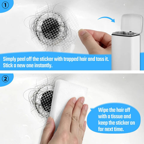 Game Changing Disposable Shower Drain Hair Catcher With Slick Peel And Stick Adhesive For No Worries Bathroom Tub Filter Upkeep And Super Reliable Daily Hair Clog Prevention 30 Pack installation process showing hair removal from drain.
