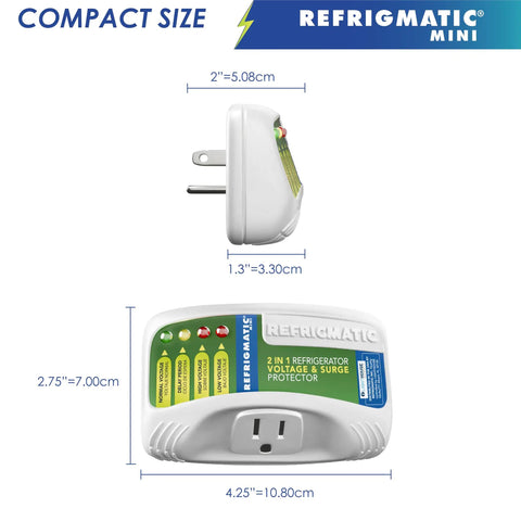 Fridge Voltage And Surge Protector For Fridges Up To 27 Cu Ft With 303 Joule Capacity showing dimensions and features