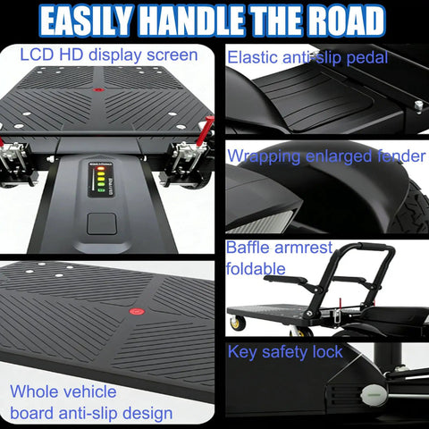 ErShangMao Motorized Flatbed Cart With 900W Dual Brushless Motor, features LCD HD display, anti-slip pedal, and foldable armrest.
