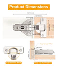 Product dimensions of 20 Piece Clip On Face Frame Soft Close Cabinet Hinges for Full Overlay Kitchen Cabinets, detailed measurements shown.