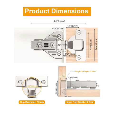 Product dimensions of 20 Piece Clip On Face Frame Soft Close Cabinet Hinges for Full Overlay Kitchen Cabinets, detailed measurements shown.