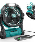 Rechargeable Portable Fan With 20000mAh Battery, Cordless Desk And Travel Breeze Buddy with LED Lantern showcasing rotation and charging