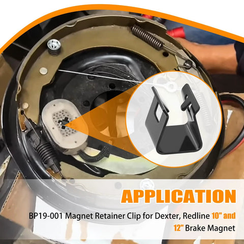 Close-up of BP19-001 magnet retainer clip, black metal, 4-pack for Dexter 10-inch and 12-inch brake magnets.
