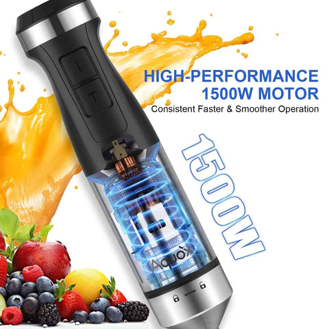 Powerful 1500W Corded Immersion Blender Handheld 5 In 1 Mixing Kit With 20 Speed Options Turbo Boost motor with fruit.