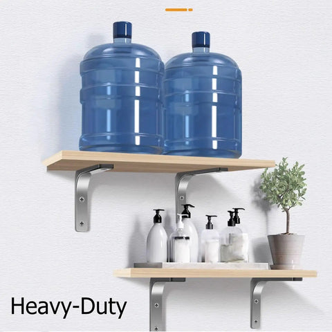 Stainless Steel L Brackets For Wall Shelves Heavy Duty Floating Shelf Supports holding two water bottles and toiletries on wood shelves.