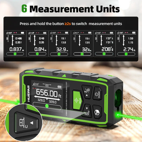 Dual Laser Measuring Tool With 656 Ft Green Beam Bilateral Digital Distance Meter For Length Area Volume And Angle Rechargeable Laser Measurement Tool With Backlit LCD Display And 6 Units In Ft In M shown with unit settings